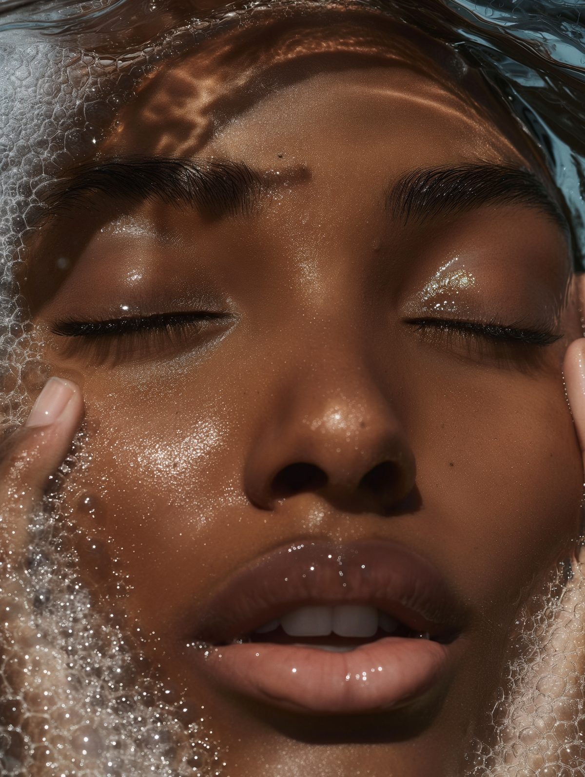 Visage immergé dans l’eau, gouttelettes et reflets sur la peau.